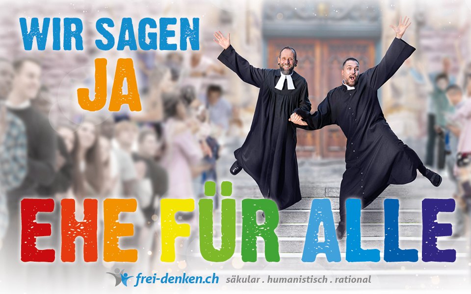 Poster "Ehe für alle" mit zwei heiratenden Priestern