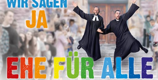 Poster "Ehe für alle" mit zwei heiratenden Priestern